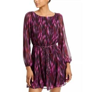 KOKO + MASON Women Purple Abstract Chiffon Long Sleeve Party Mini Dress Size S